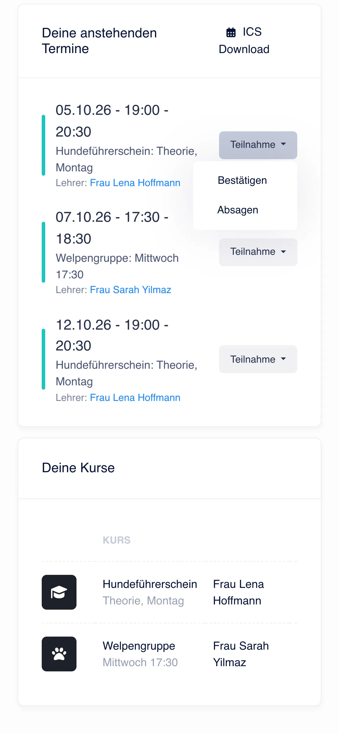 Schüler-Portal auf dem Smartphone: anstehende Termine, beim ersten ist das Menü mit Bestätigen und Absagen geöffnet (Beispieldaten)