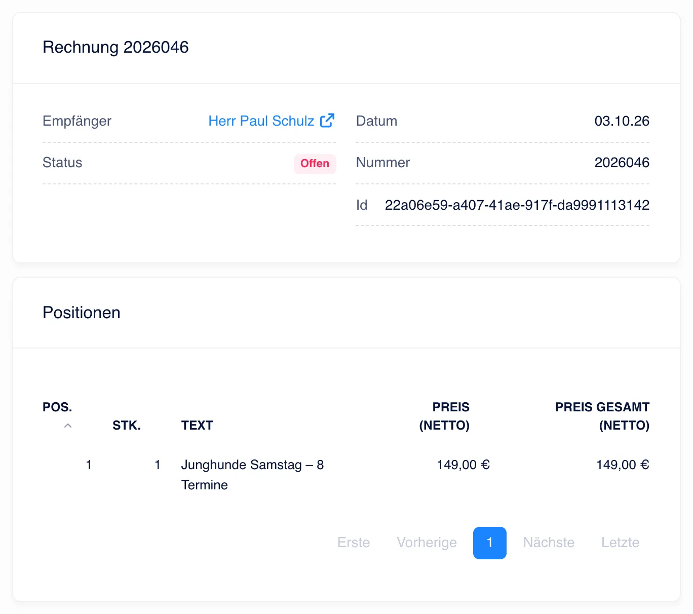 Rechnung 2026046 an Herrn Paul Schulz mit der Position „Junghunde Samstag, 8 Termine“ über 149 Euro netto, Status offen (Beispieldaten)